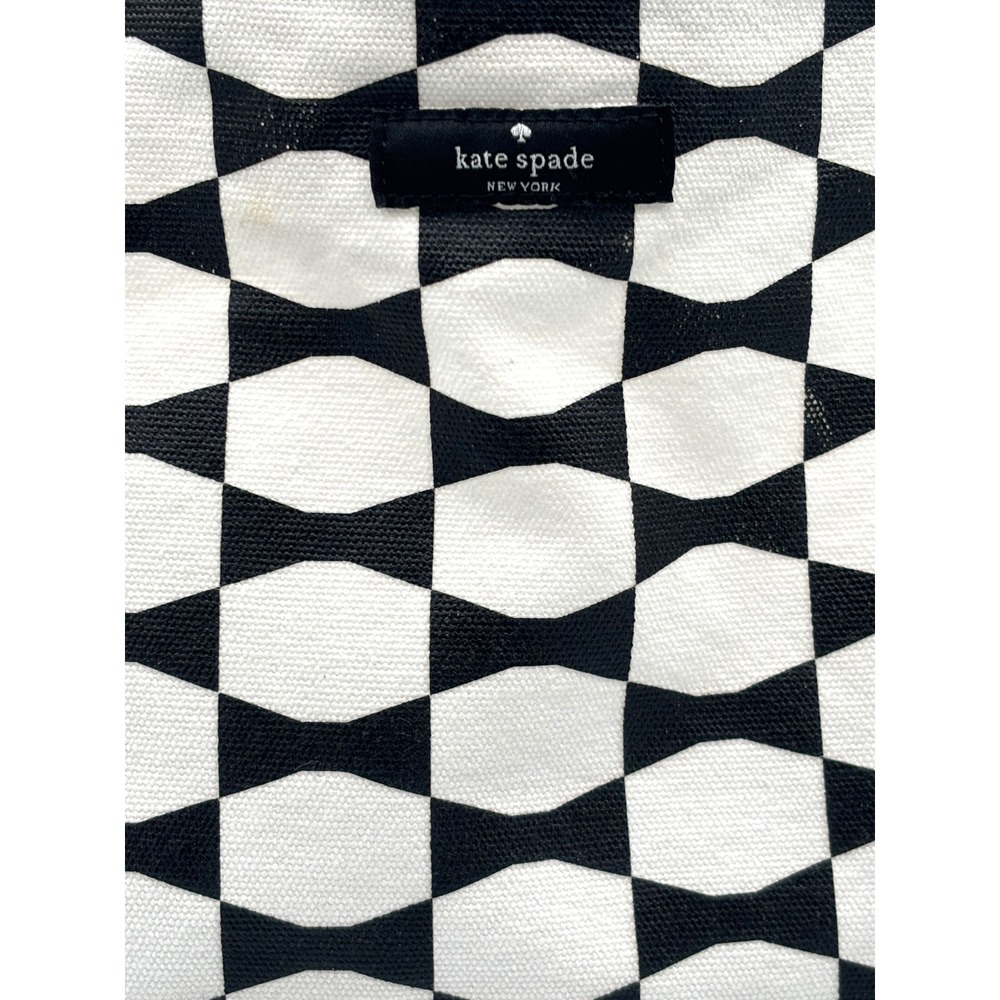 Kate Spade Canvas Cotton Tote Classic Bowtie Black White Leather Handle EUC - Picture 2 of 15